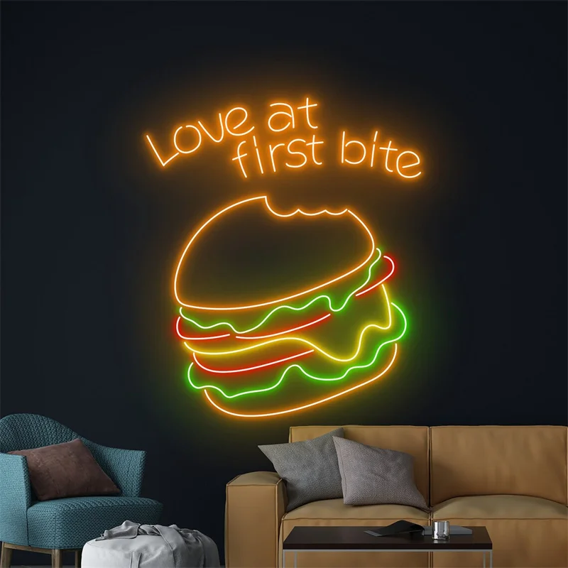 Amor na primeira mordida Neon Sign, Burger Neon LED Light, Restaurante Room Wall Art Decor, Loja de comida