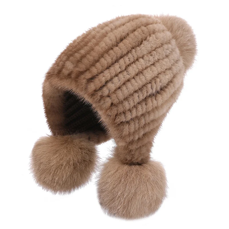 100% Real Mink Fur Hat Women Winter Knitted Beanie Russian Girls Cap With Fox Fur Pom Poms Thick Female Cap Elastic Hats