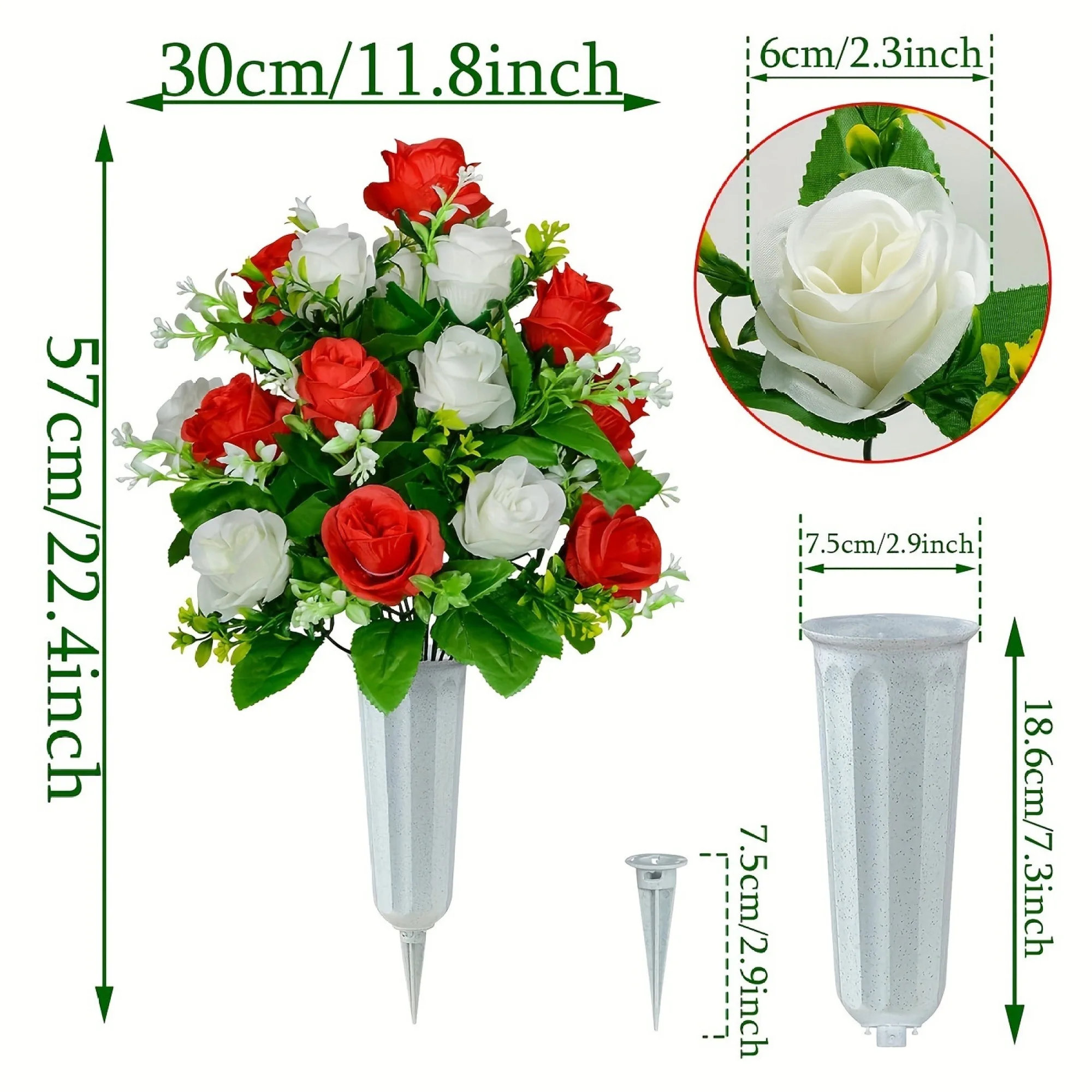 1pc Cemetery Memorial Artificial Flower Silk Rose Bouquet with Vase Sympathy Fake Floral Grave Funeral Deco Multicolor