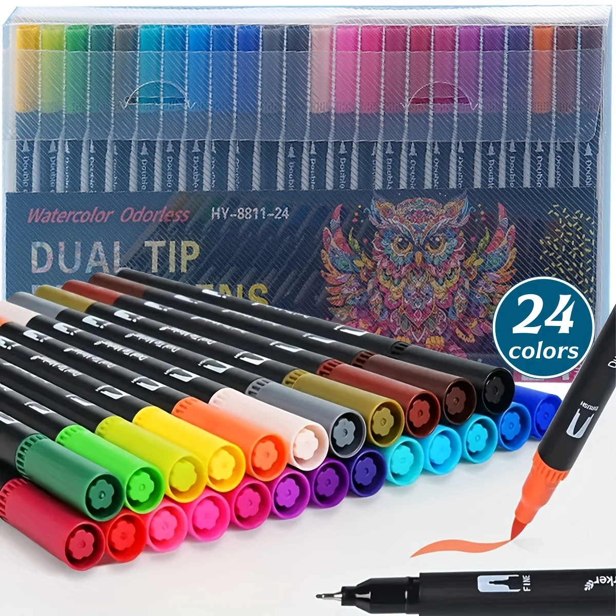 

24 Colors Dual-Ended Watercolor Marker Pens Set, Soft-Tip Doodle Marker Pens for Art Painting Outlining and Coloring