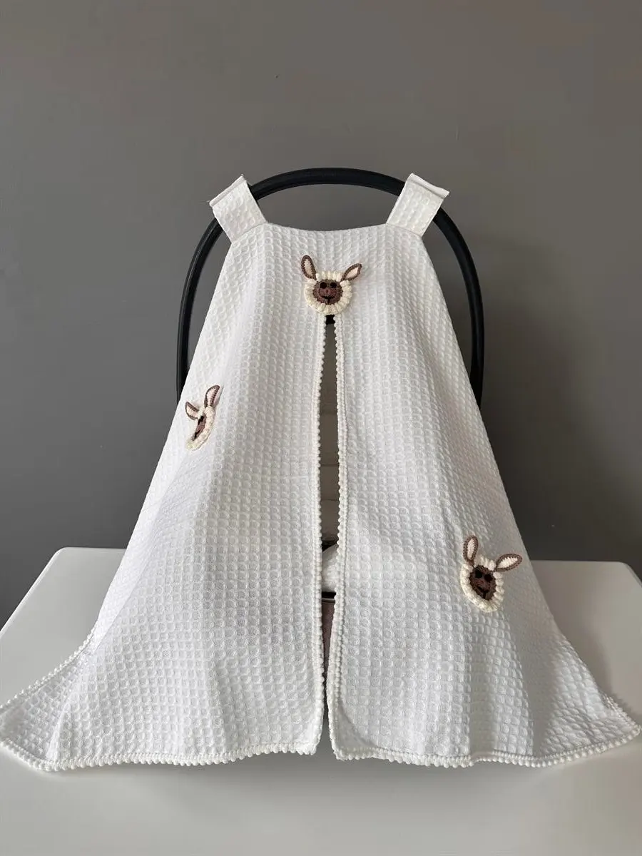 Handmade White Waffle Fabric Organic Lamb Design Stroller Cover