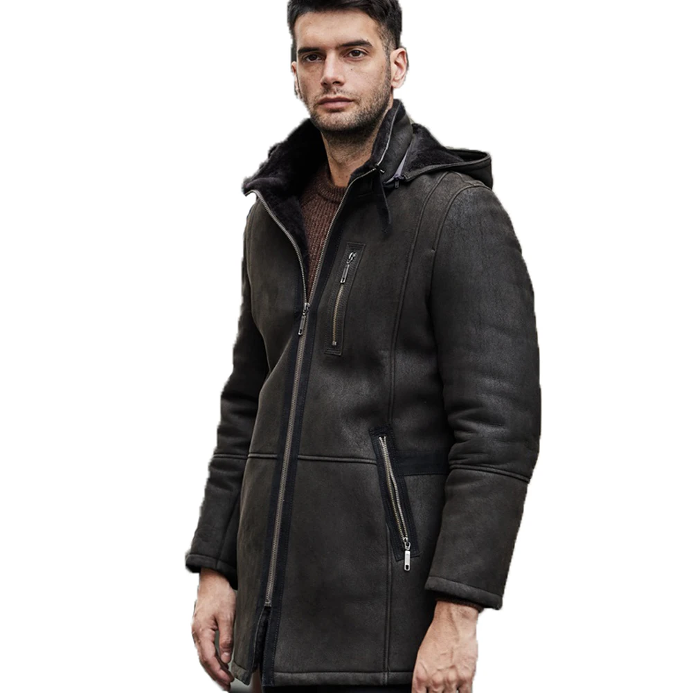 

Denny&Dora Mens Shearling Jacket Hooded Spain Imported Merino Sheepskin Jacket Mid-Length Sheepskin Coat