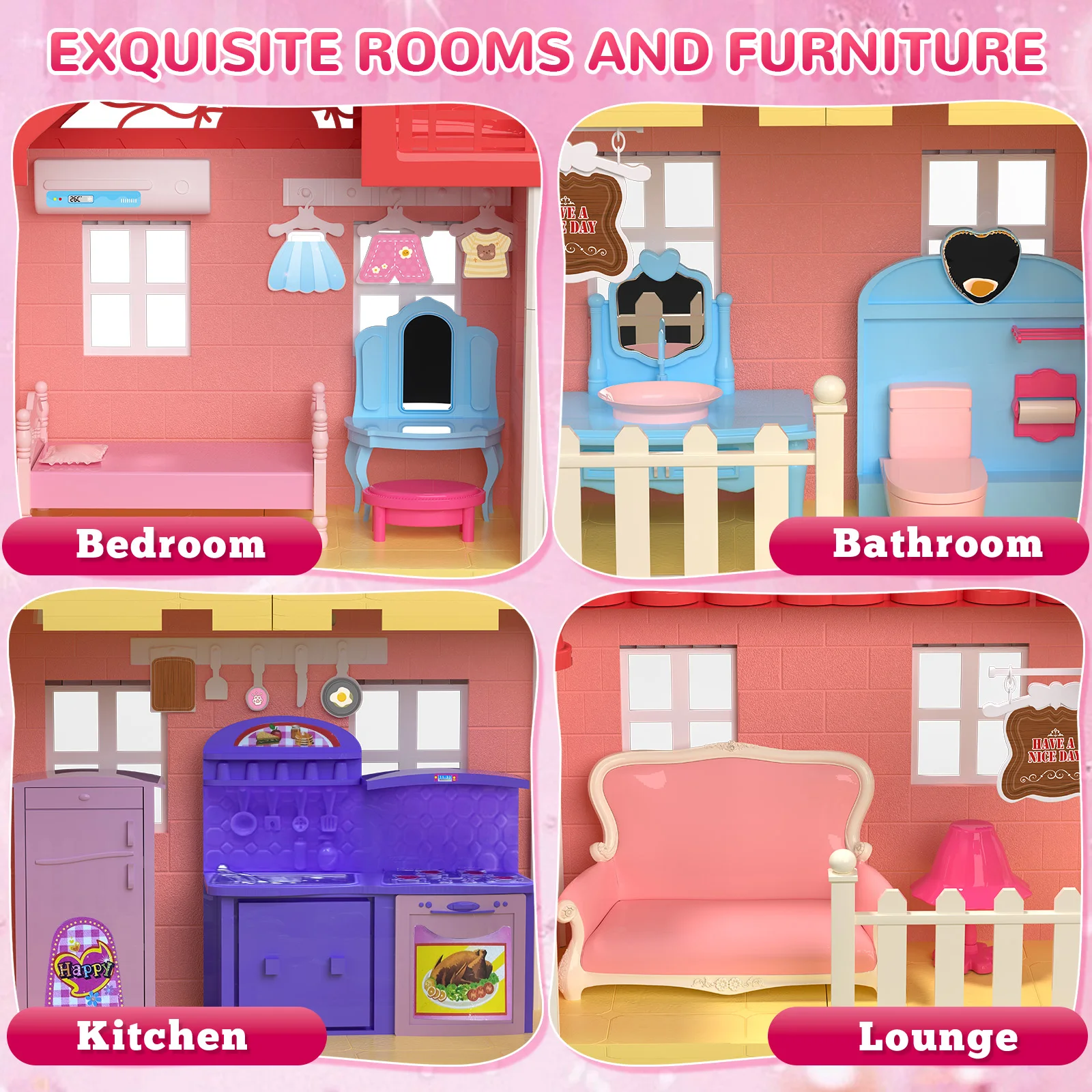 Lindo juego de casa de muñecas rosa para niñas, juguetes de castillo de lujo con muñecas, muebles, casa de juegos de juguete de princesa para niños, Festival infantil P