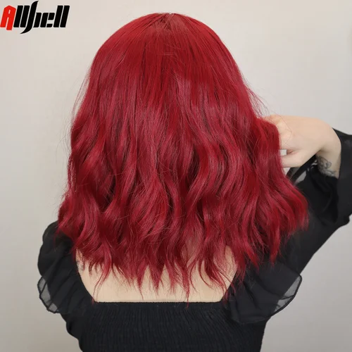 Imagen 2 del producto Pelucas onduladas y rizadas cortas con flequillo, peluca sintética colorida de color rojo intenso, pelo de Cosplay para mujer, pelos de fiesta de Halloween de alta temperatura