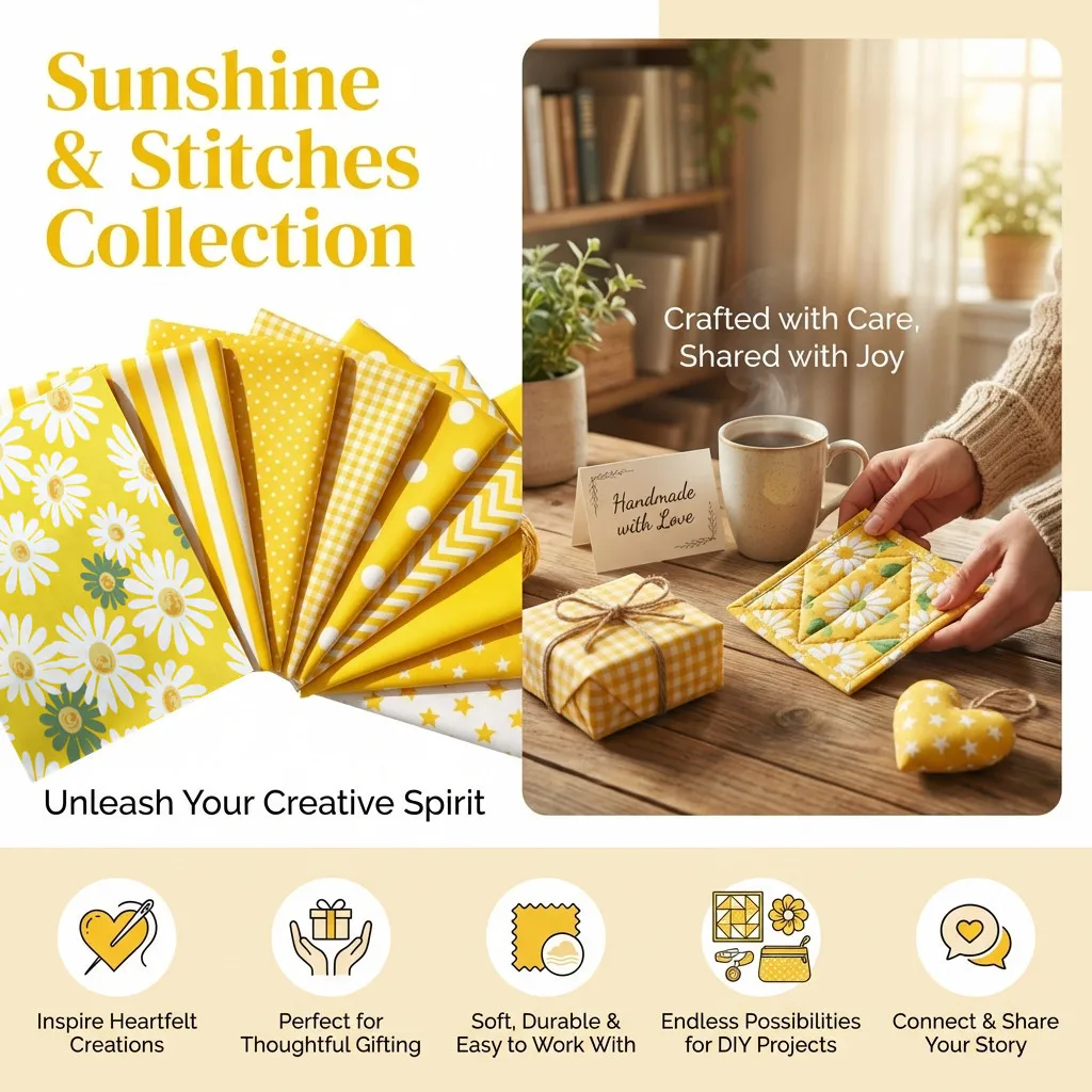 8pcs Yellow Floral Cotton Fabric Bundle; PreCut Fabric; Sewing Supplies For Patchwork Sewing And DIY Clothing Crafts image 4