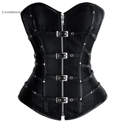 Charmian Steampunk Leather Corset Top Women's Sexy Gothic Satin Rivet Buckle Zipper Overbust Armored Corset Plus Size Bustier