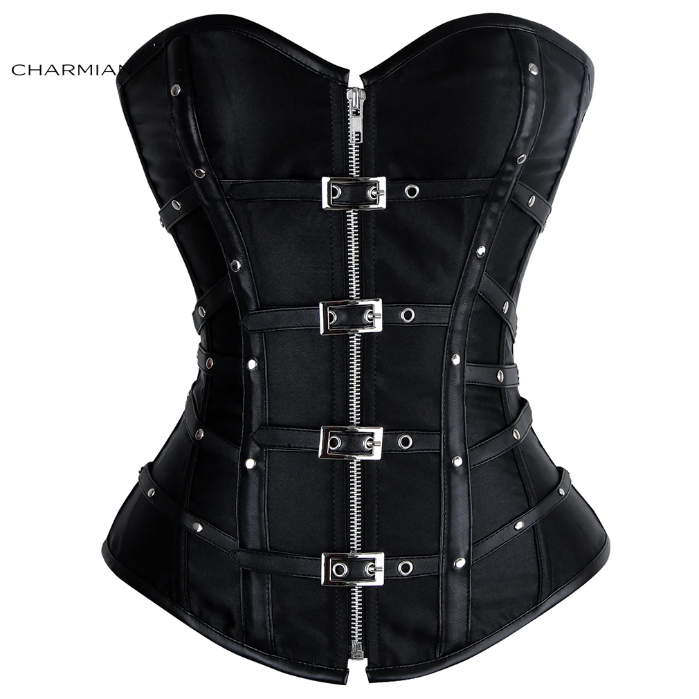 Gorset Charmian Steampunk ze skóry, damski, gotycki, satynowy, z nitami, klamrami, zamkiem błyskawicznym, gorset typu overbust, z pancerzowaniem, plus size, bustier