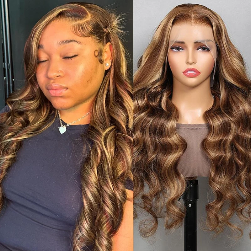 Highlight Ombre Honey Blonde Body Wave 13x6 Lace Front Wigs Human Hair Pre Plucked 200 Density 4/27 Colored for Women 28 Inch