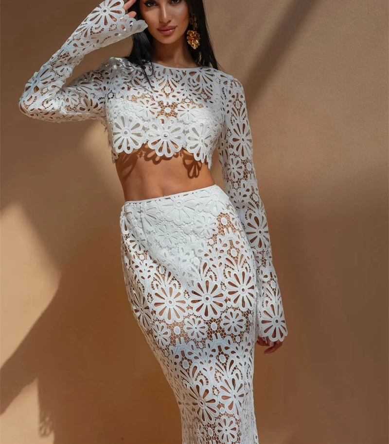 

2PCS Sexy Long Sleeve Hollow Out Bodycon Bandage Dress Women's Crop Top Blouse and Skirt Bottom Boho Beach Lace Bikini Cover Up
