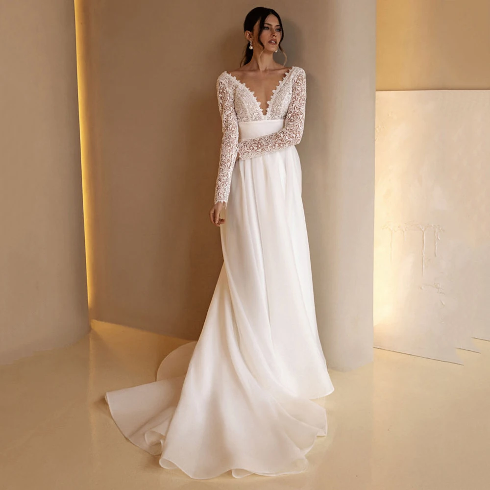 

V Neck Lace Tulle Long Sleeve Wedding Dress Backless A-line Trailing Perspective Party Bride Gown Свадебное платье