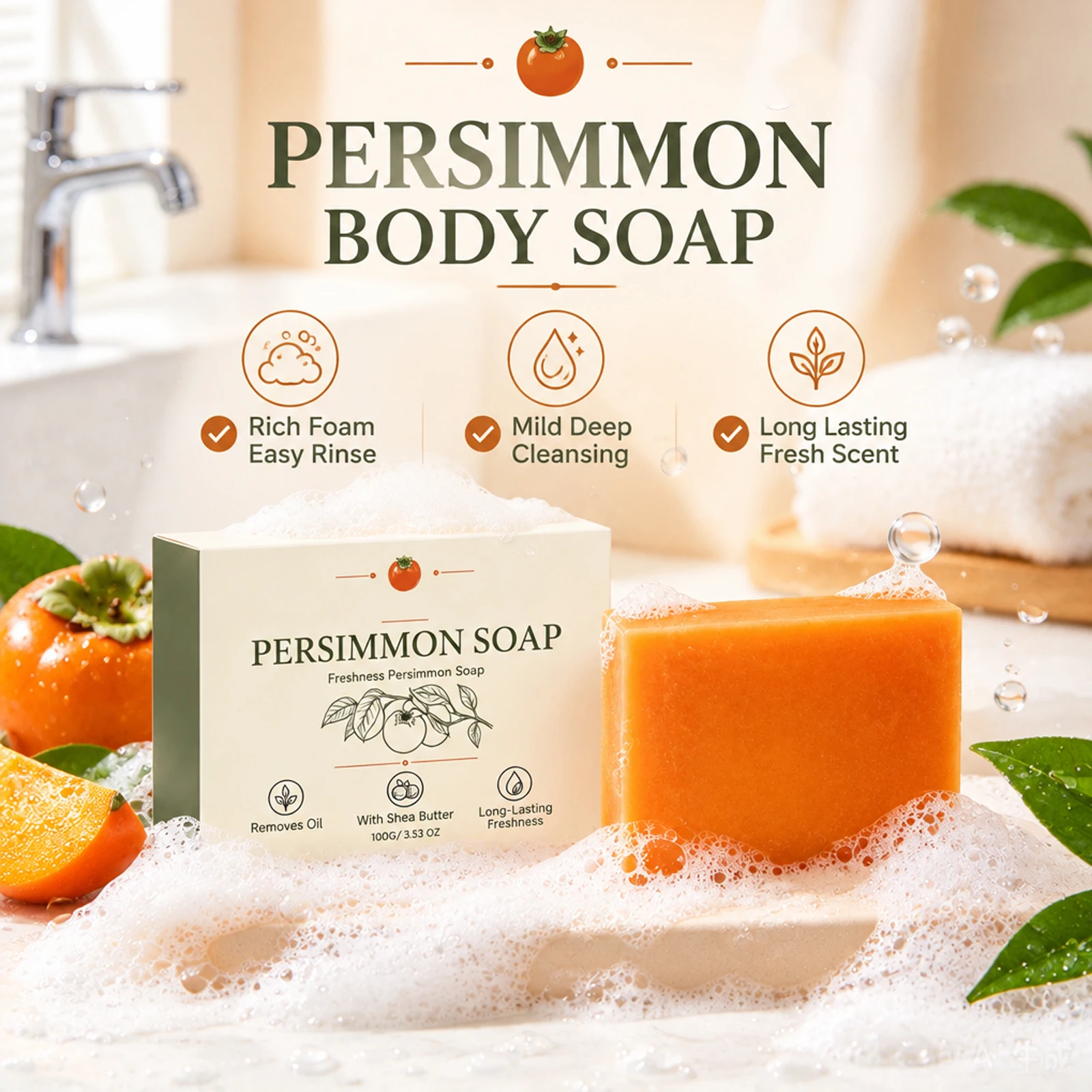 Natural Persimmon Deodorant Body Soap Gentle Cleansing Rich Lather Moisturizing Fresh Scent Whole Body Daily Shower Soap