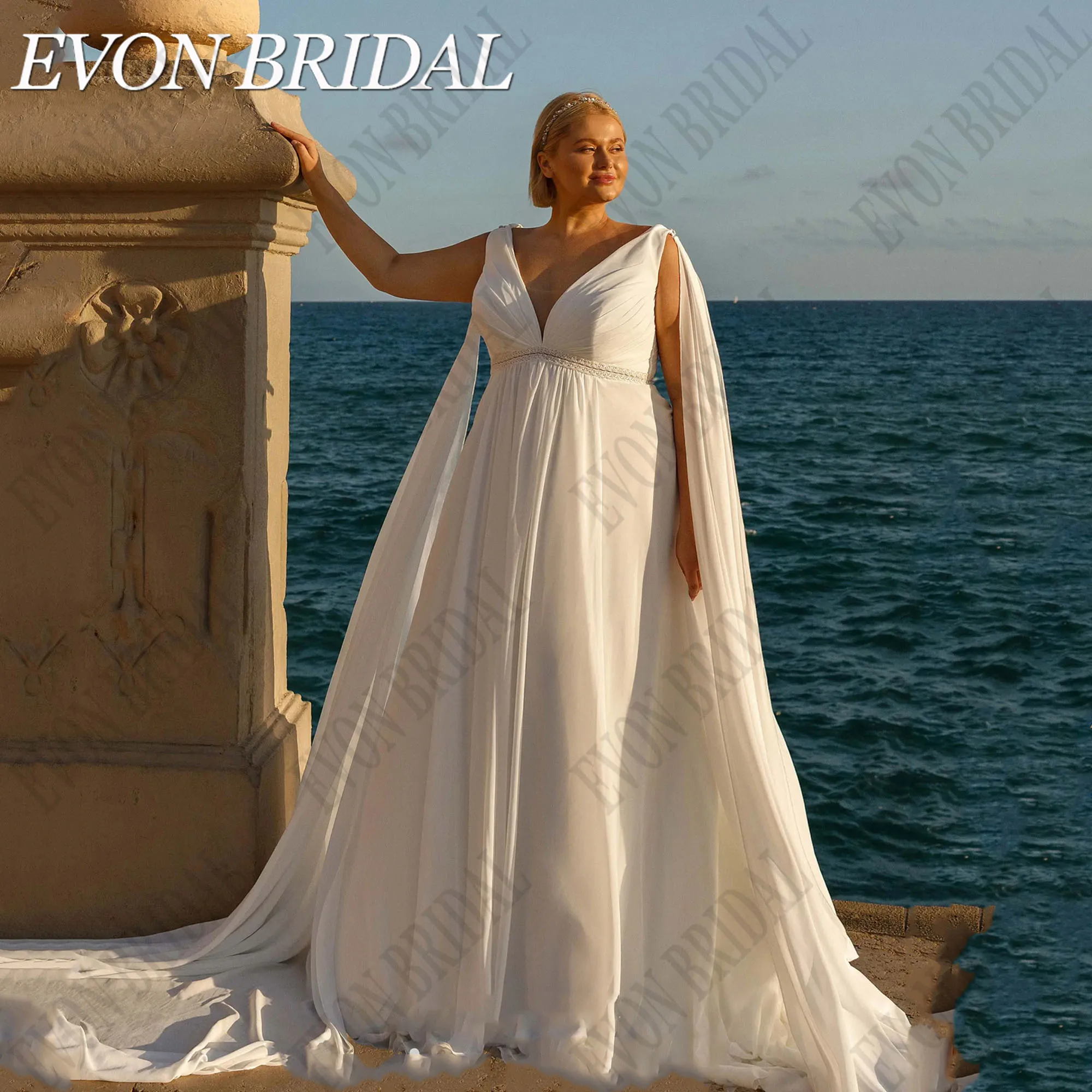 EVON BRIDAL Oversize Wedding Dress With Cape Sleeveless V-Neck Beach Bride Gowns Vestidos De Novia Chiffon A-Line Sweep Train