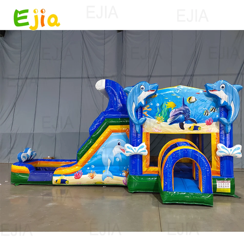 Commerical PVC Inflatable Dolphin Bounce House & Slide Combo Dolphin Splash Bounce Castle House For Kids Party Rental Playground
