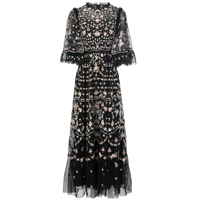 

Fashion Women's Printing Embroidered Dresses O-Neck Short Sleeve Elegant Banquet evening party dresses traf robe femme vestidos