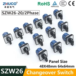 ZHUCO SZW26/LW26-20 64X64 mm 48X48 mm Panel Mount 20A 660V 2 Phase 8 Screws Power Knob Selection Cam Rotary Changeover Switch