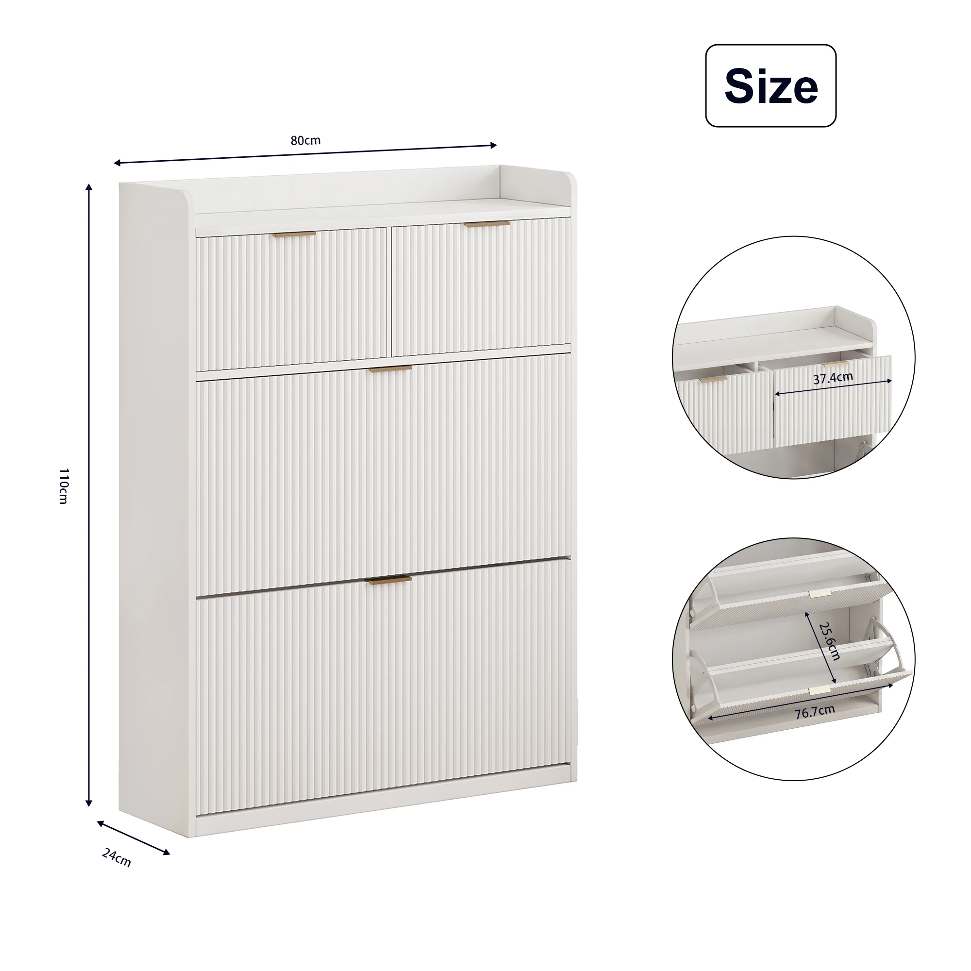 Geriffelter Schuhschrank mit 2 Klappschubladen und 2 Schubladen mit Griffmulden, moderner Eingangsschrank mit goldenen Griffen, schmaler Schuhorganizer für Wohnzimmer, Flur und Schlafzimmer – Detail 12