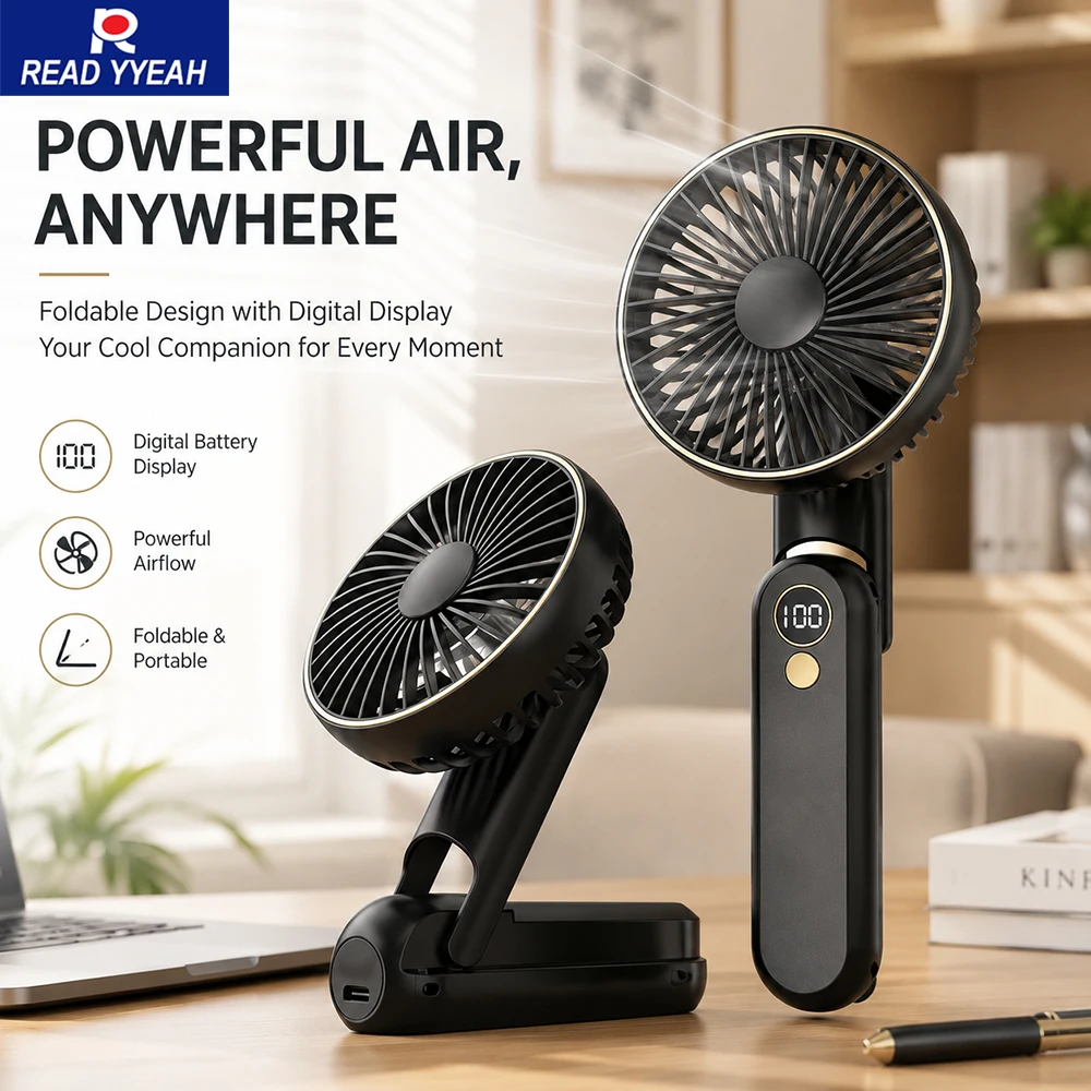 Image of Tragbarer Handventilator 3000mAh USB Wiederaufladbarer Faltbarer Mini-Ventilator mit Digitalanzeige 5 Geschwindigkeiten Nacken- und Tischventilator für Reisen Büro Sommer