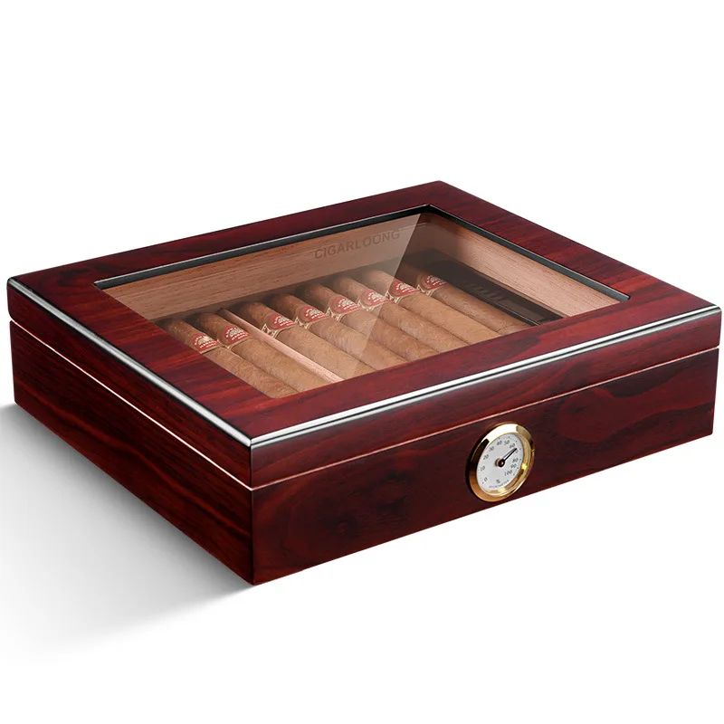 

Cedar Wood Cigar Case Humidor With Humidifier Hygrometer Glass Top Portable Travel Men's Gift Cigar box Fit 35 Cigars