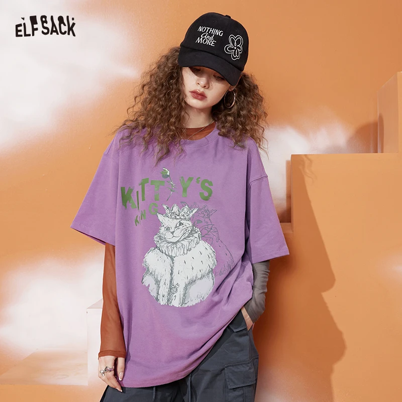 

ELFSACK Women's Cute Graphic T-Shirt with Cat Duchess Print, Purple Artistic Cartoon Short Sleeve Tee, Casual Loose Summer Top
