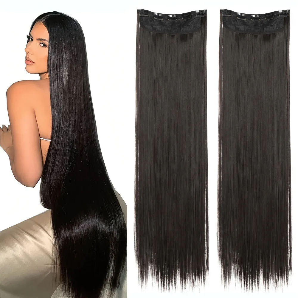 5 Clip In One Piece Synthetic Hair Extension 32 Inch 140g 3/4 Full Head Double Weft Long Straight Hairstyle Hairpiece For Women