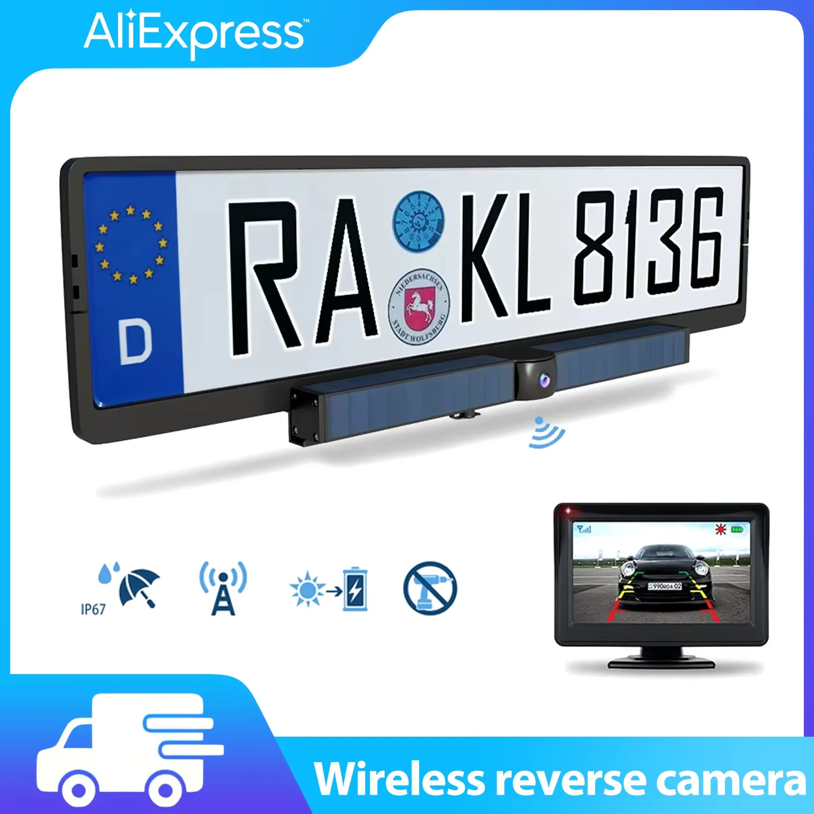 4.3inch Solar Vehicle Wireless Reverse Camera For Car RV Truck Pickup 12V-32V Car Monitor HP HD WIFI watch View Camera