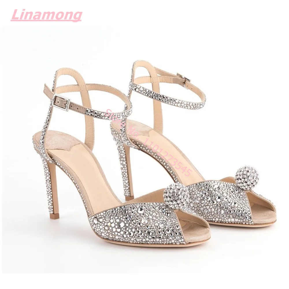 Summer New Luxury Women Sandals Solid Elegant Pearl Crystal Peep Toe Leather Thin High Heel Ankle Buckle Wedding Party Shoes