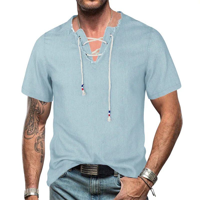 Summer Men'S 100% Cotton Medieval Renaissance Henley Shirt Retro Drawstring V-Neck Lace Up Short Sleeve Denim Loose Hiphop Tee