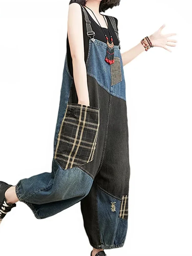 Amax luluE Koreańskie Jesienne Jeansy Damskie Kraciaste Podarte Ogrodniczki Damskie Vintage Punk Luźne Spodnie Luksusowe Klasyczne Casualowe Spodnie — zdjęcie 2