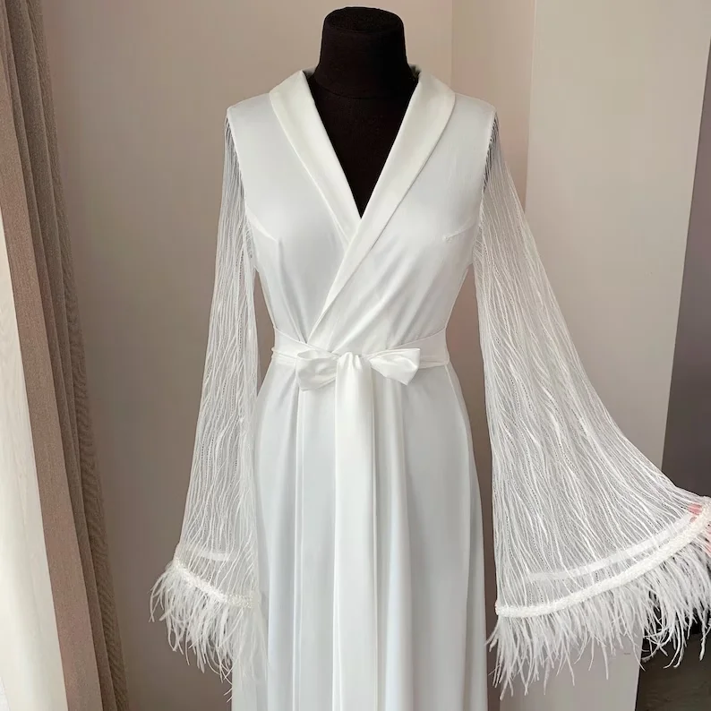 

Long Bridal Robe with Lace Maxi Robe with Feather Wedding Kimono Luxury Robe Floor Length, Sleeves Beads Shawl Collar Bridal