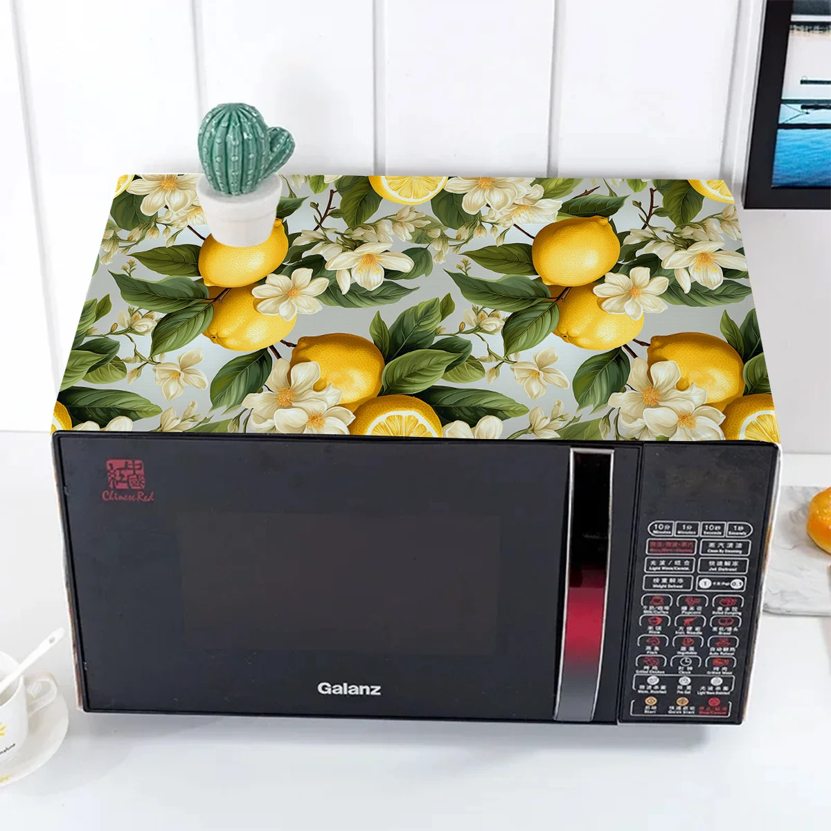 Yellow Lemons Green Leaves Design Microwave Dust Cover Printed Dustproof Microwave Dust Cover Cloth Oven Cover Nordic Style