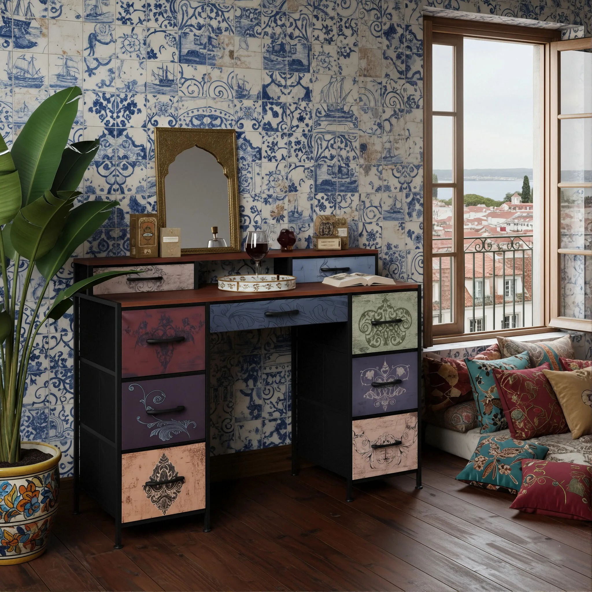 Toeletta Scrivania cm con 9 cassetti in tessuto, Mobili portaoggetti Stile Vintage, ripiani laterali, multicolore