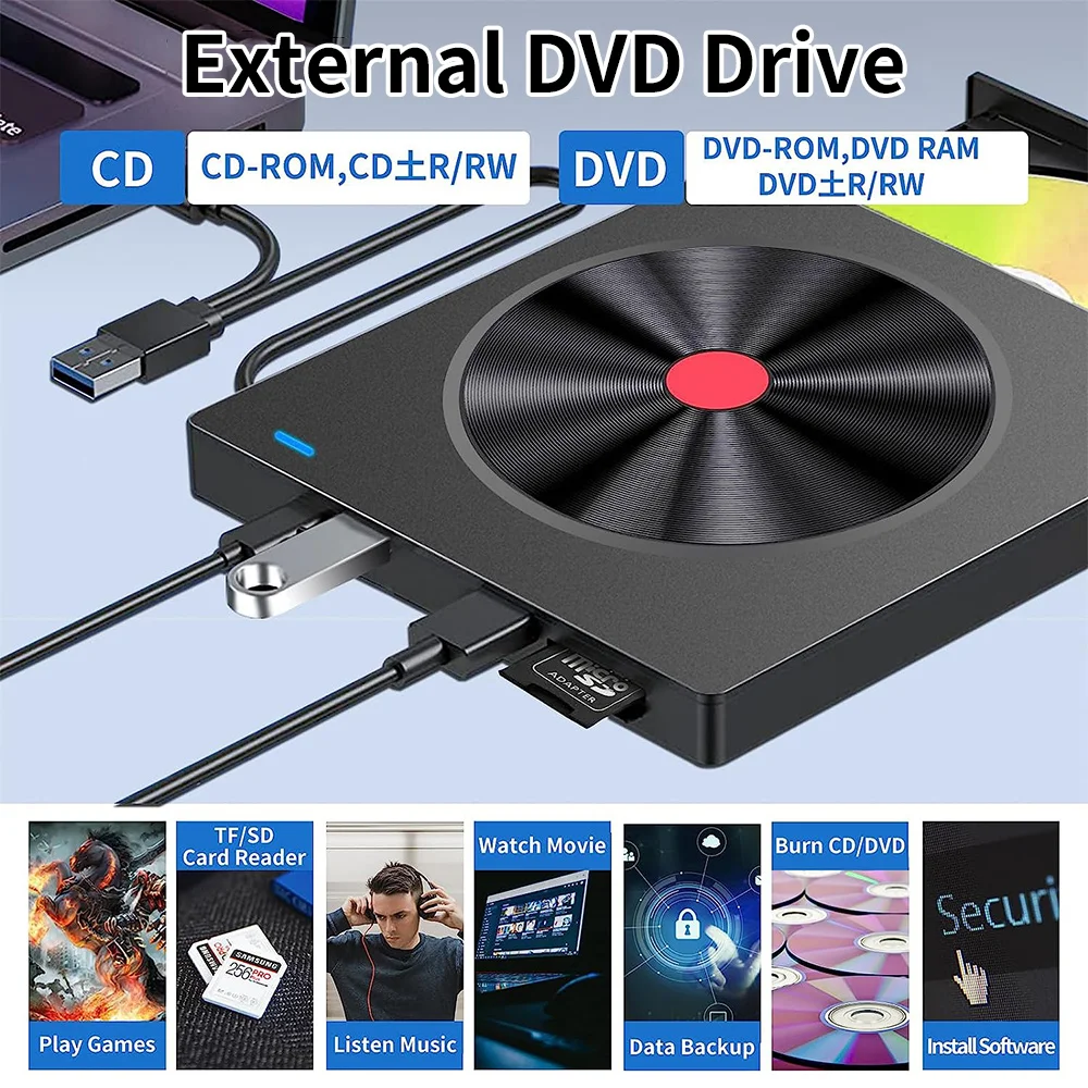 

External DVD Drive Burner USB 3.0 CD/DVD +/-RW Optical Drive Portable Rewriter for Desktop PC Windows 11-7 MacBook Linux OS