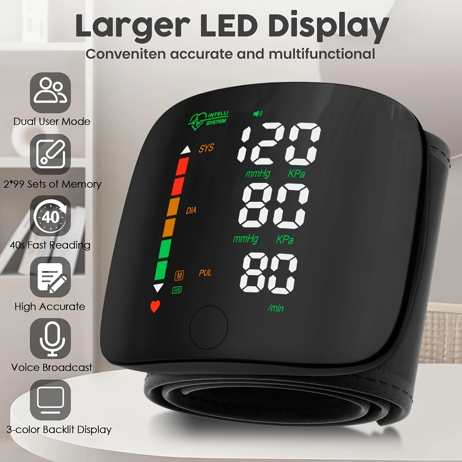 Blutdruckmessgerät für das Handgelenk, automatisches Sphygmomanometer, Herzfrequenz- und Pulsmessgerät, digitale LED-Hintergrundbeleuchtung, Sprachansage, tragbar