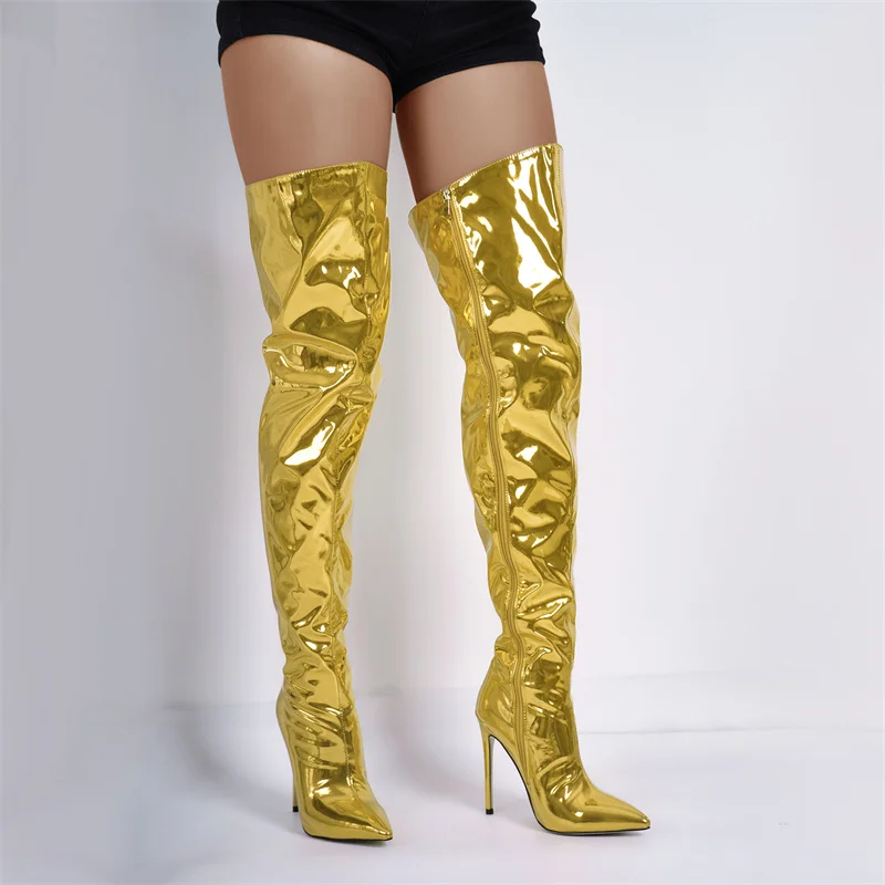 Onlymaker Women Pointed Toe Over The Knee Boots Metallic Zipper Handmade Big Size Stiletto Ladies Boots