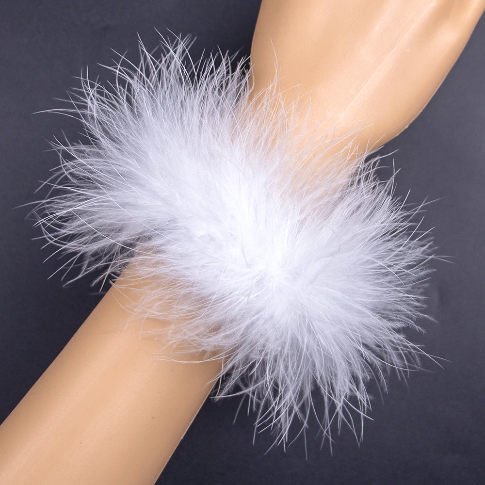 Brazalete de plumas reales a presión para mujer, brazalete de muñeca de plumas de avestruz ajustable, color blanco, 2 uds.