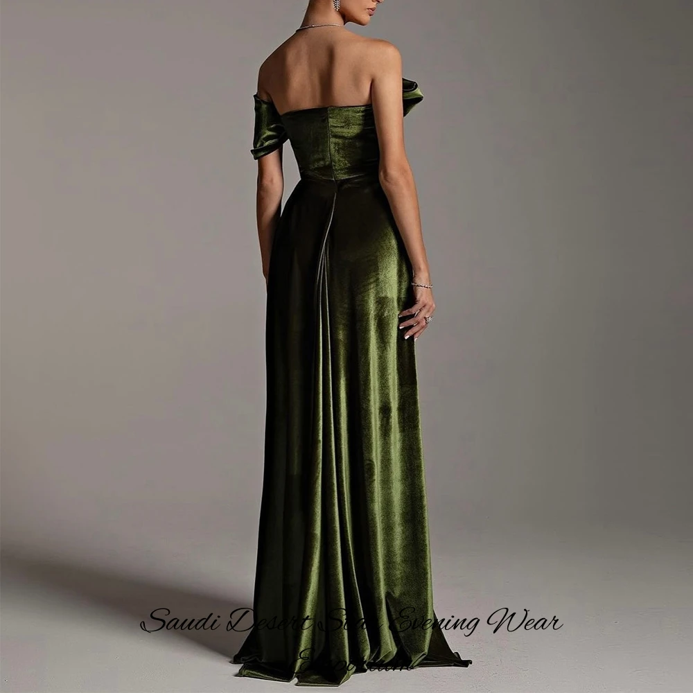 customizedCustomized Green Velvet Bow One Shoulder Evening Dresses Exquisite A-Line Sweep Train Short Sleeves Party Gown Saudi