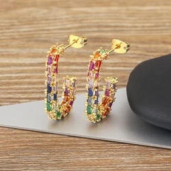 AIBEF Hawaii Style C-Shape Stud Earrings Colorful Rhinestone Women Copper Zircon Jewelry Luxury Gift Bohemian Vacation Ornament