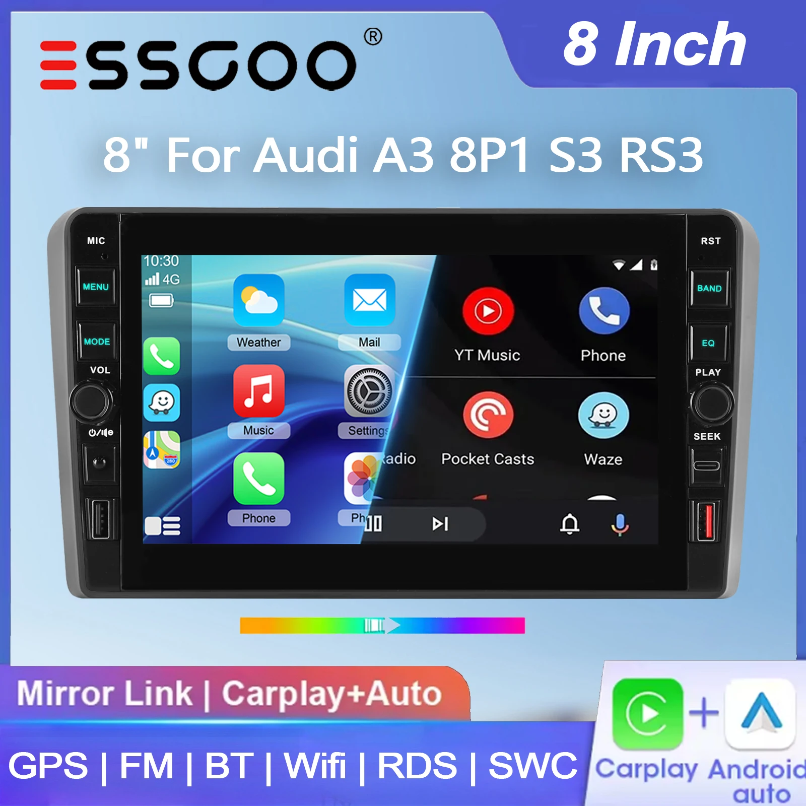 ESSGOO 8" Android 15 für Audi A3 S3 RS3 8P1 8PA Kabelloses Carplay Android Auto 4+64G Autoradio GPS-Navigation USB und Typ-C FM Bluetooth WiFi RDS SWC Multimedia-Player IPS-Touchscreen