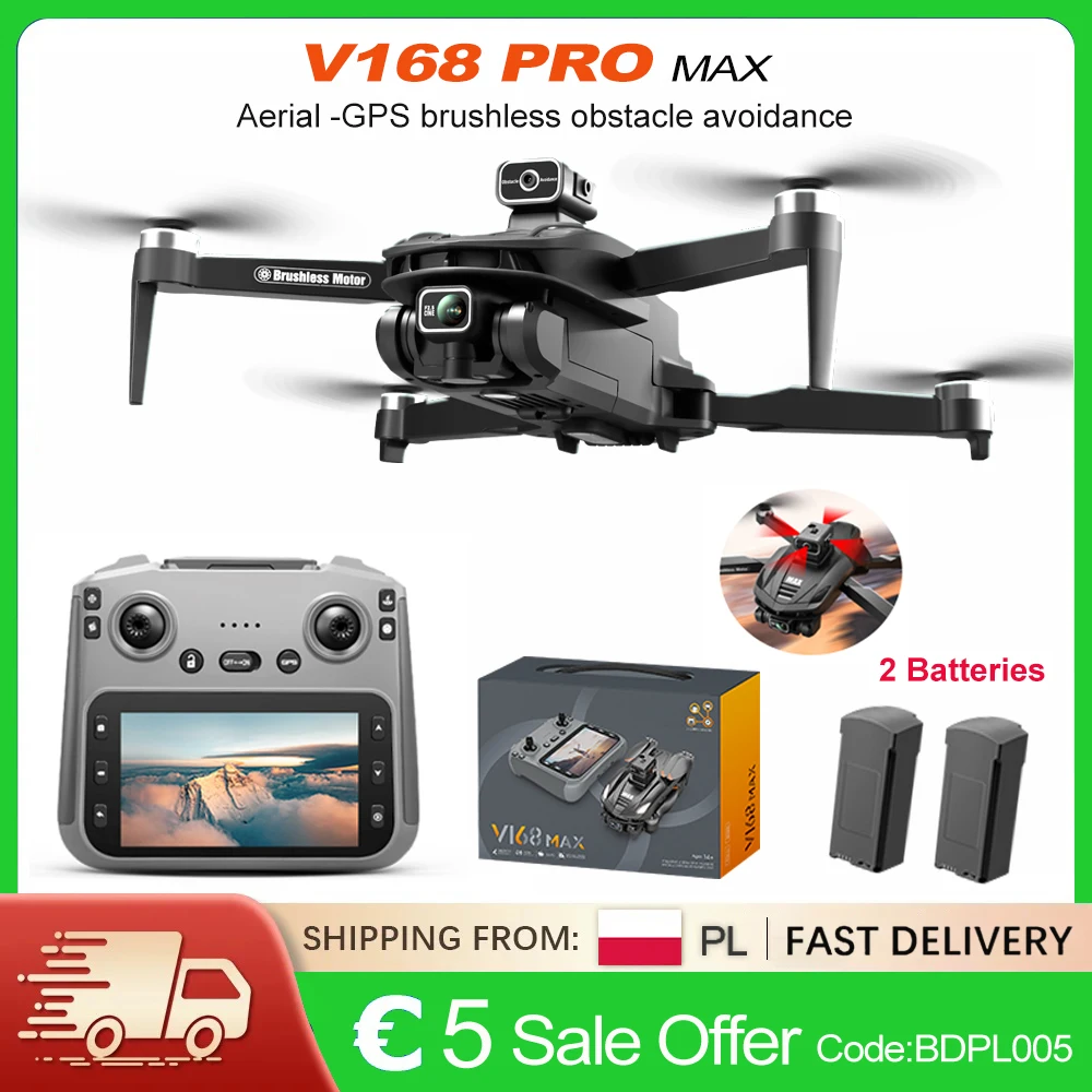 Nouveau Drone GPS Professionnel V168 MAX 2026 avec Caméra 4K et Moteur Brushless Aérien 360° °   Drone pliable avec télécommande à grand écran, évitement d'obstacles, WIFI 5G FPV, jouets et cadeaux