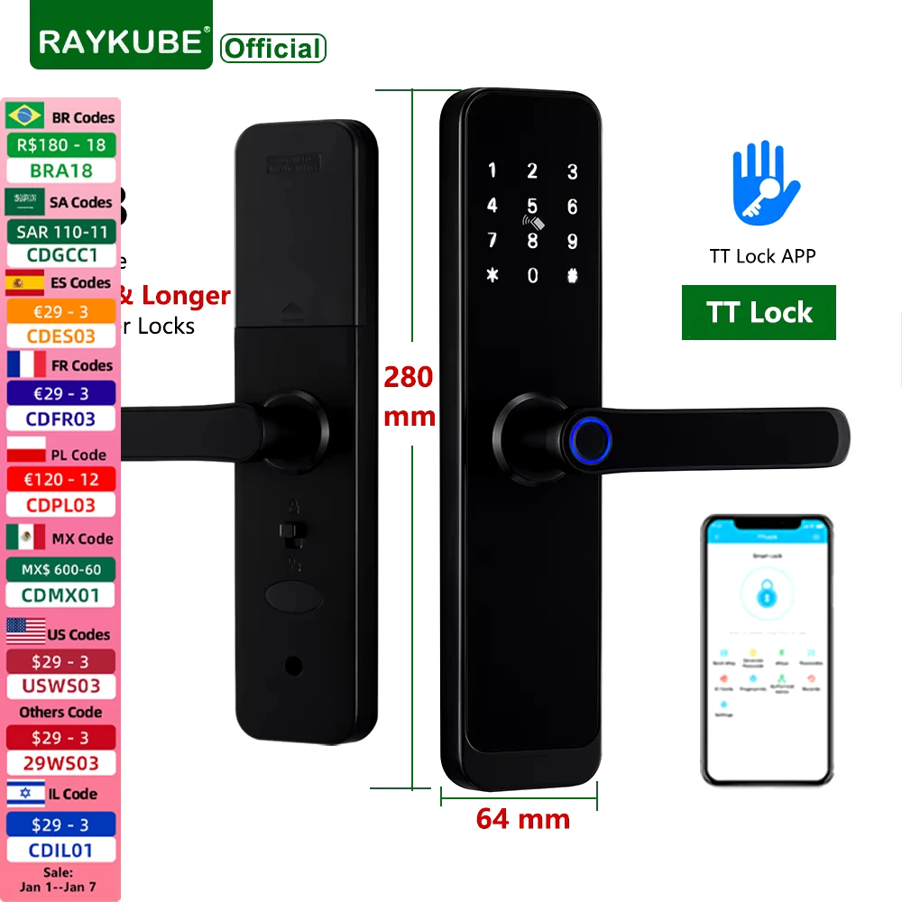 RAYKUBE K8 TT Lock Bluetooth Smart Door Lock Fingerprint Lock Digital Electric Lock With Longer Larger Handle Panels Doorbell