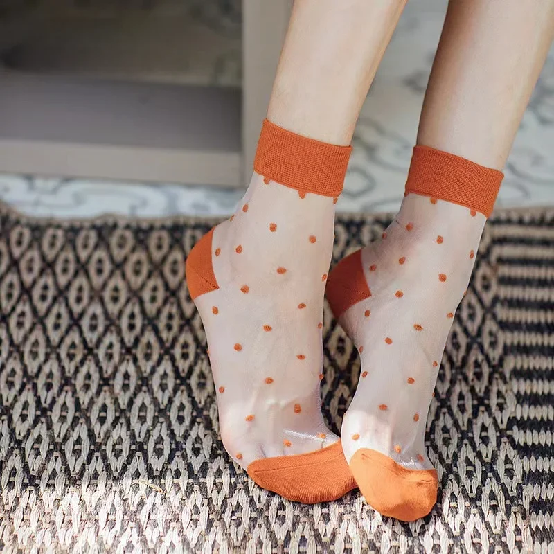 Chaussettes d'été pour femmes, élastiques, transparentes, Ultra-fines, en maille, Harajuku, à pois, Fiber de verre, soie, courtes, nouvelle collection