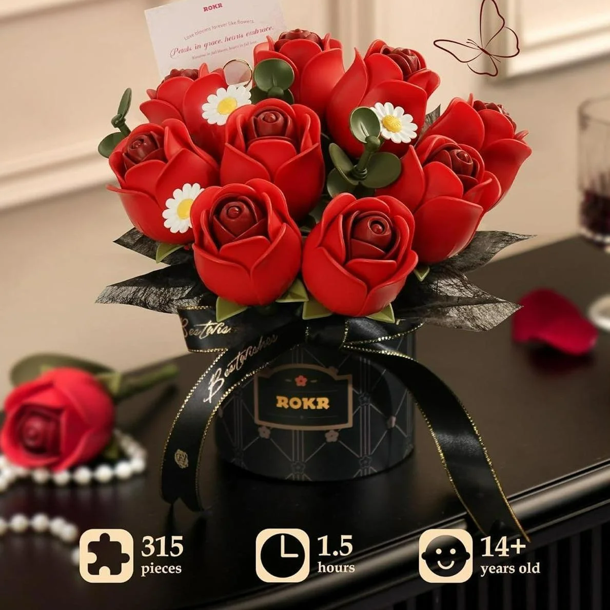 

ROKR 3D Red Rose Bouquet DIY Puzzle Kit, Forever Flower Building Toy, Romantic Gift for Wife & Her, 315Pcs