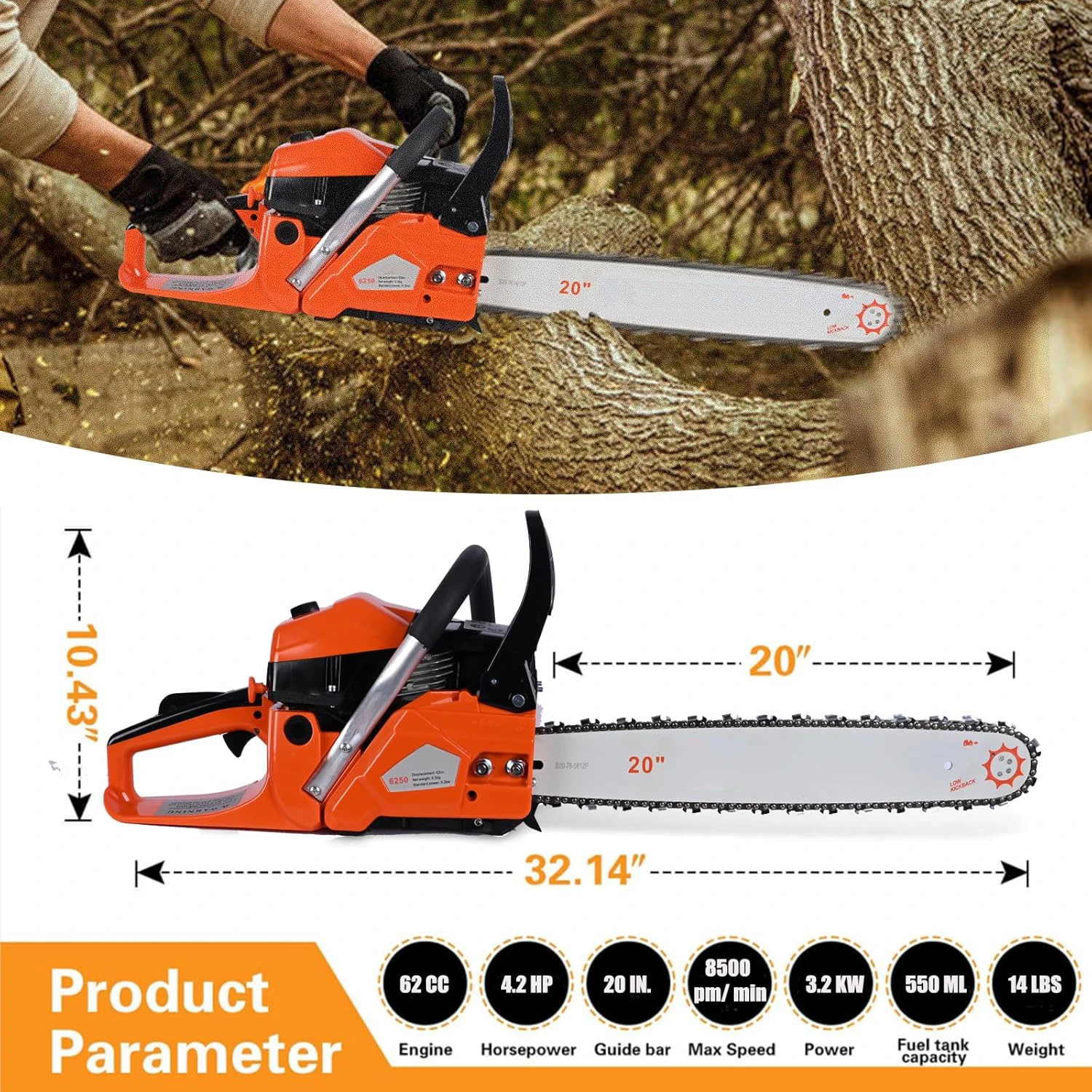 Motosierra 62cc con 3,6cv de potencia y espada de 50cm de corte