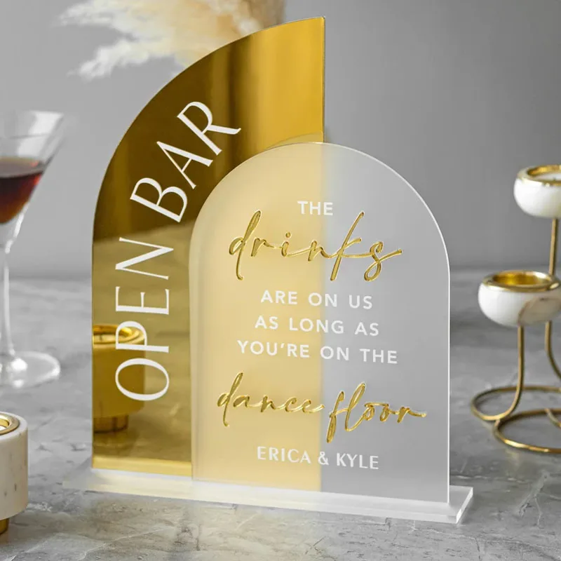 Open Bar Arched Wedding Sign, Open Bar Acrylic Sign, Wedding Table Decor, Gold Mirror Wedding Bar Sign Gold Acrylic Drinks Signs