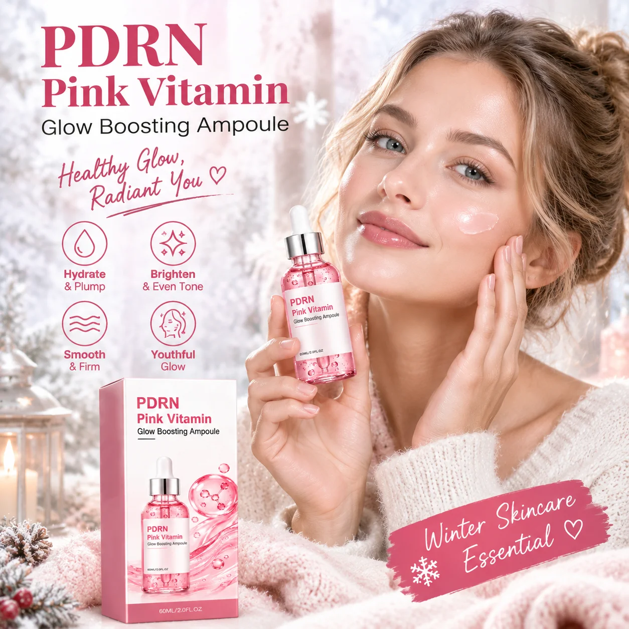 PDRN Pink Vitamin Glow Boosting Ampoule  Deep Nourishing  Repair Dry Dull Skin Autumn Winter Facial Daily Skin Care Serum 60ml
