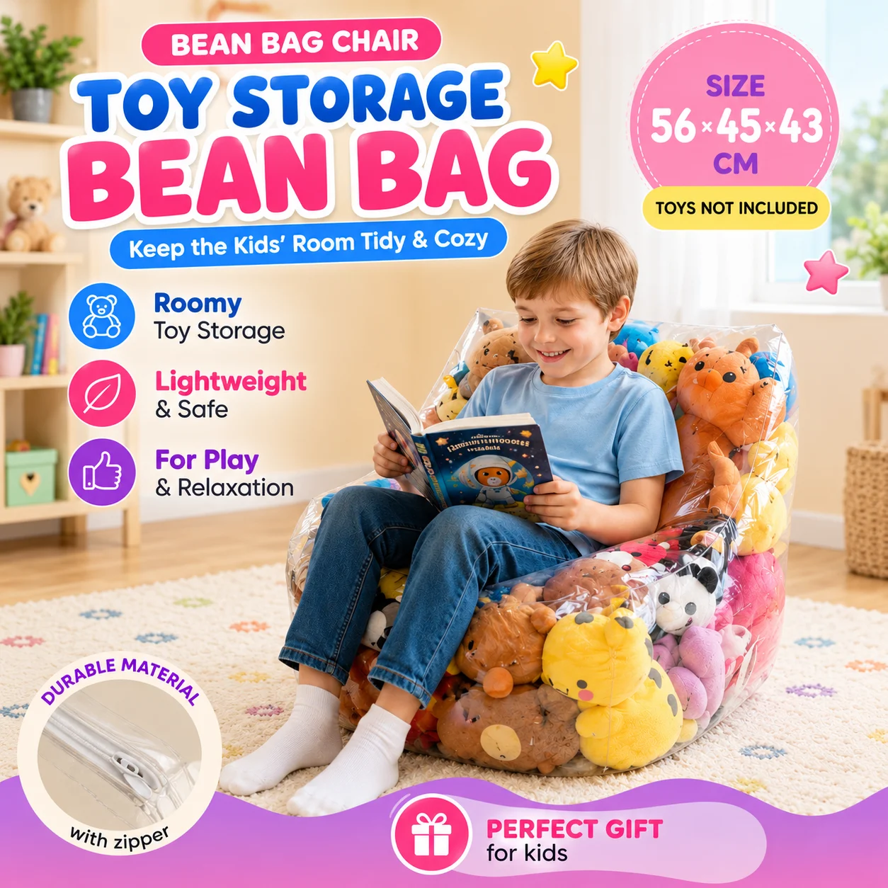 1ps Stuffed Animal Storage Bean Bag Chair for Kids, Large Toy Organizer Sack, Cozy Seat Sofa for Playroom Bedroom
