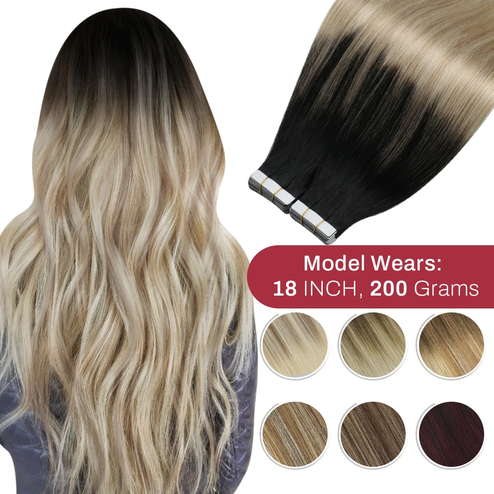 Moresoo Tape in Human Hair Extensions Balayage Blonde Hair Remy Hair Natural Soft Skin Weft Straight Seamless Hair Tape in Hair