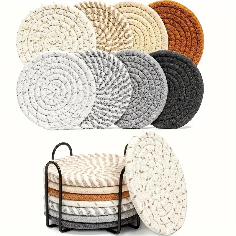 8pcs Drink Coasters with Holder, Absorbent Coasters, Minimalist Woven Coaster Set, Round Cotton Rope Woven Meal Pad