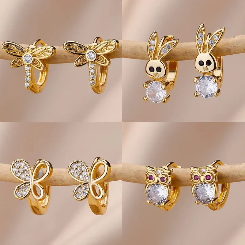 Boucles d'oreilles lapin papillon en acier inoxydable pour femmes, créoles couleur or, tendance, bijoux esthétiques, 2024
