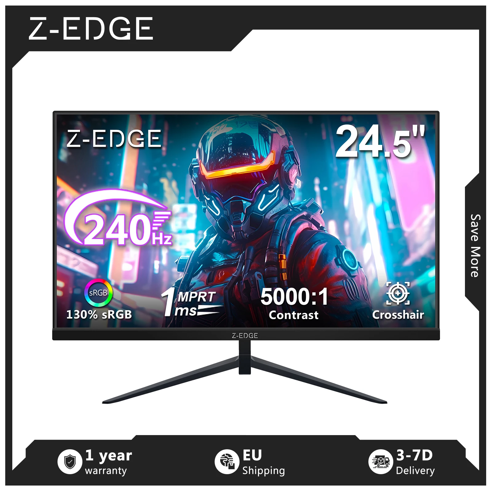 Z-EDGE 24,5 Zoll 240 Hz Gaming-Monitor, 1 ms MPRT, 1920x1080 Full HD, 16:9 VA-Panel, 5000:1 Kontrastverhältnis, FreeSync, HDR, 350 cd/m² Helligkeit, ultraschlankes Rahmendesign, VESA-kompatibel